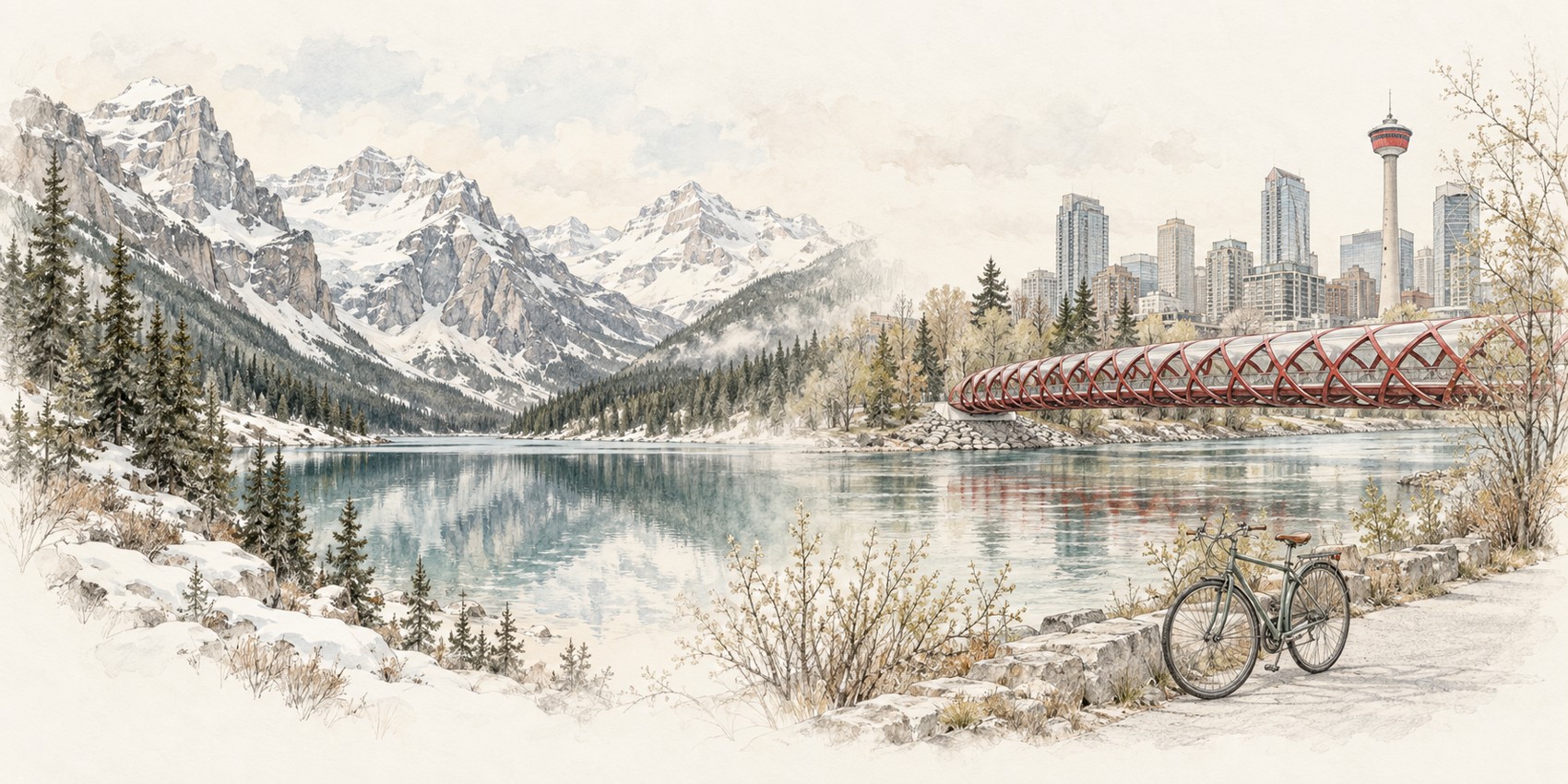 Pencil and watercolour panorama of the Canadian Rockies, Lake Louise, Calgary’s Peace Bridge and river pathways